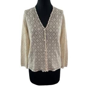 Vintage Knit Shanghai Beige Top Cotton Floral Perforated Plunge Neck L Large VTG